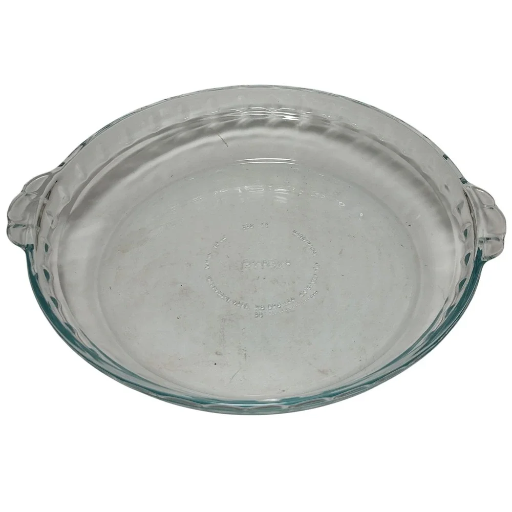 Vintage Pyrex Clear Glass Pie Plate Fluted with Tab Handles 229 Blue Tint 9.5 In
